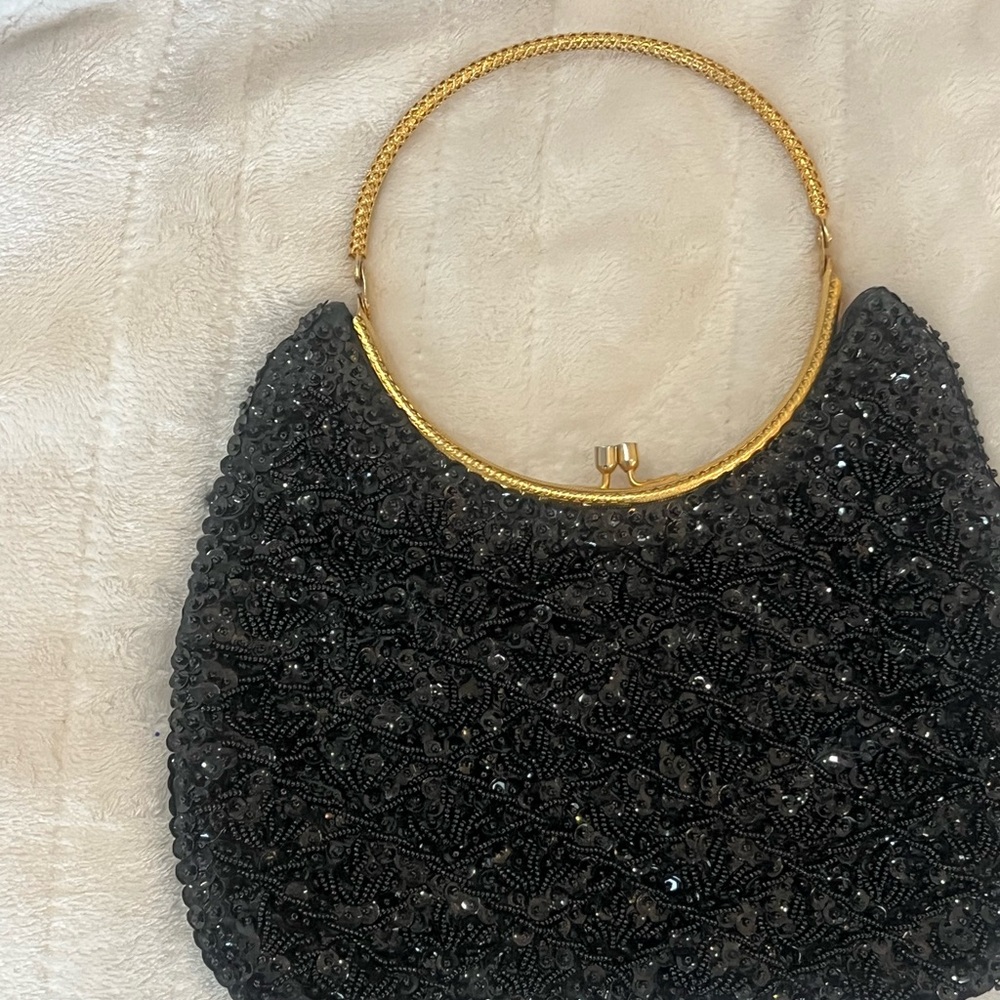 Elegant Black Beaded Handbag with Gold Handle